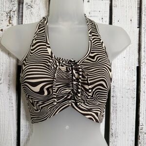 H&M Divided Halter Crop Top Size XS Brown & White Groovy Print Cinch Tie Front